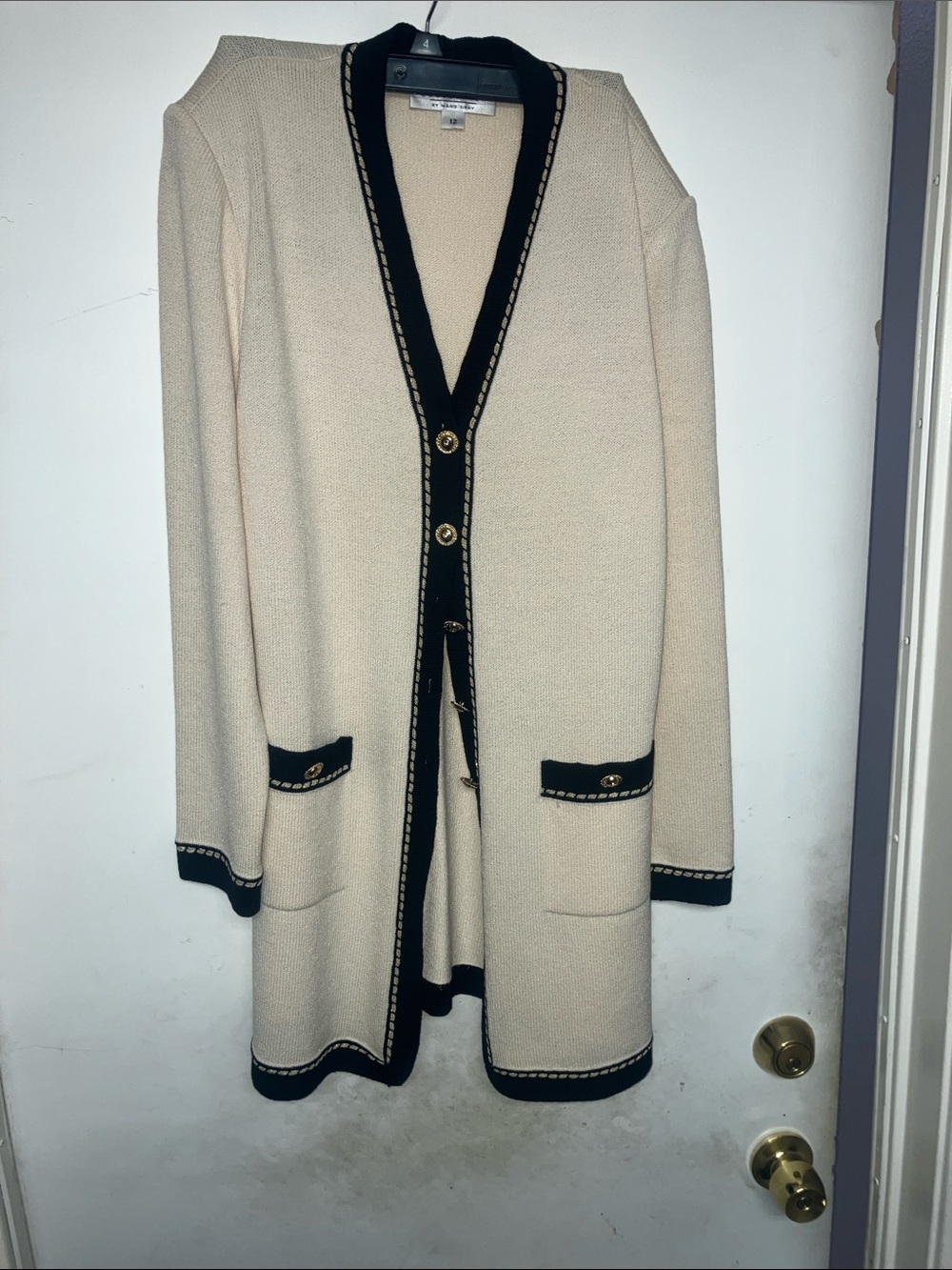 St John Cream Long Knit Cardigan with Black Trim
